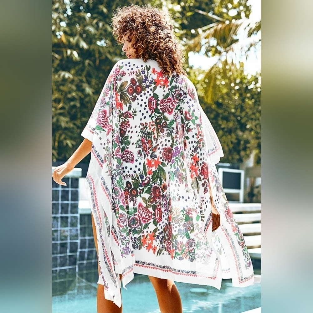Cupshe White Floral Print Midi Side Slip Chiffon Cover Up Cardigan Kimono - Picture 3 of 7